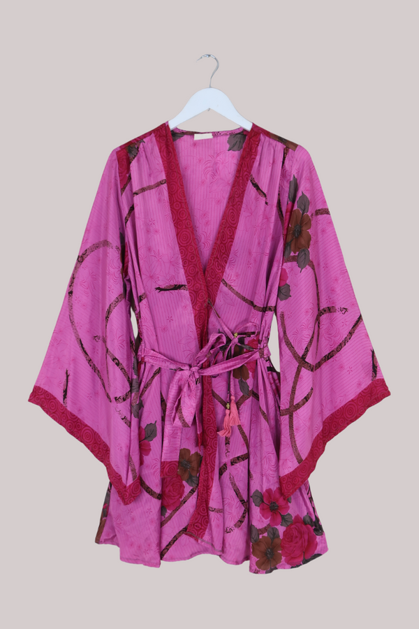 Karina Vintage Sari Jacket - Midnight Pink Lilies & Roses - Size XXL