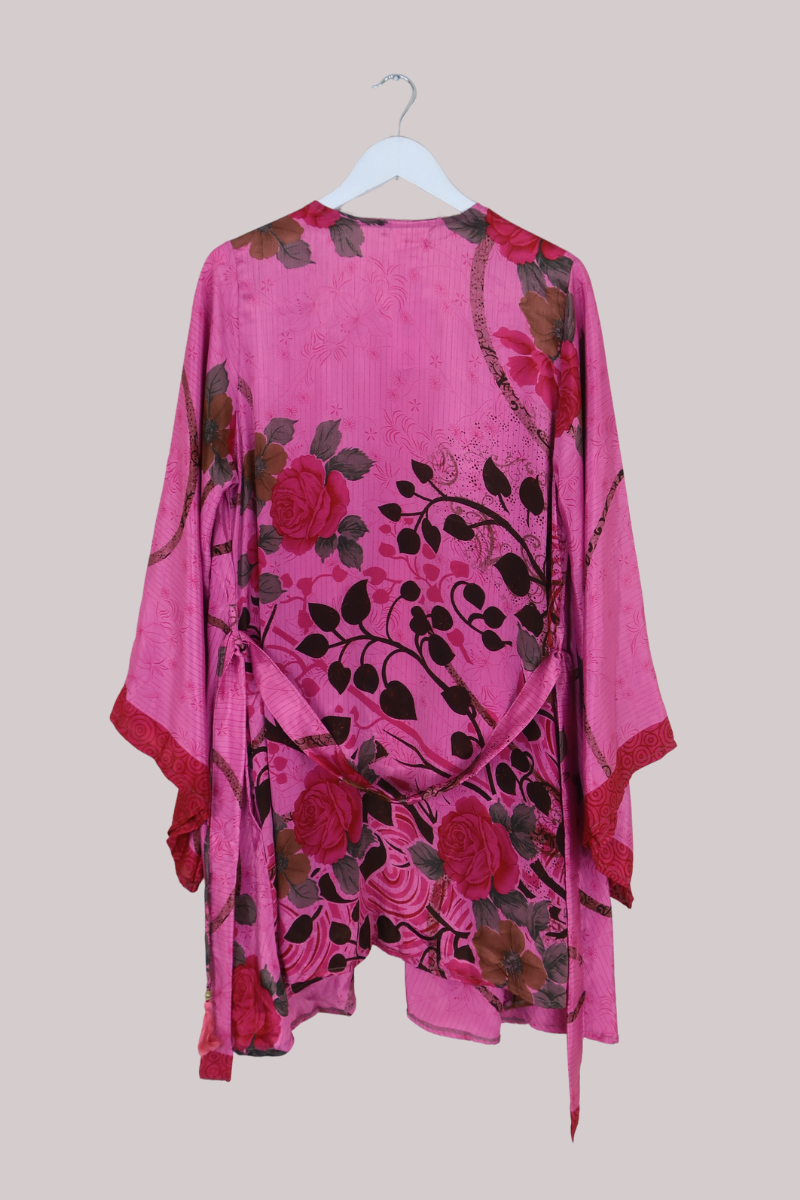 Karina Vintage Sari Jacket - Midnight Pink Lilies & Roses - Size XXL