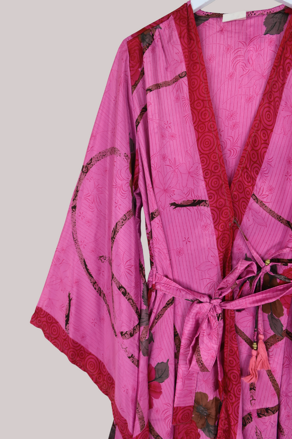 Karina Vintage Sari Jacket - Midnight Pink Lilies & Roses - Size XXL