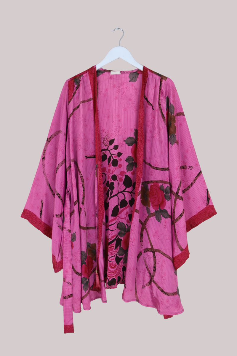 Karina Vintage Sari Jacket - Midnight Pink Lilies & Roses - Size XXL