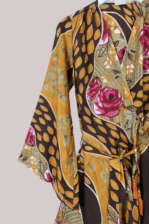 Karina Vintage Sari Jacket - Terra Gold Roses - Size XS