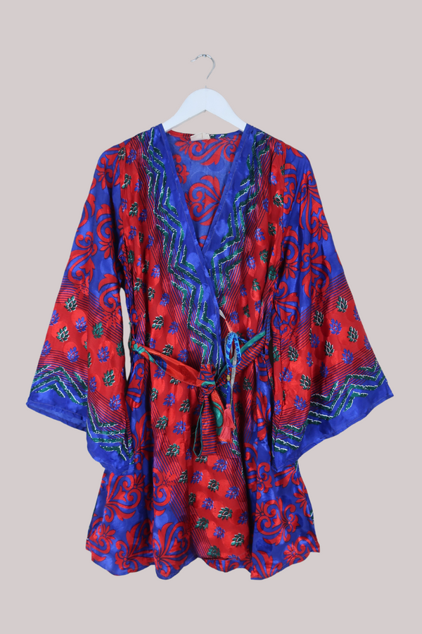 Karina Vintage Sari Jacket - Deep Blue & Red - Size M/L