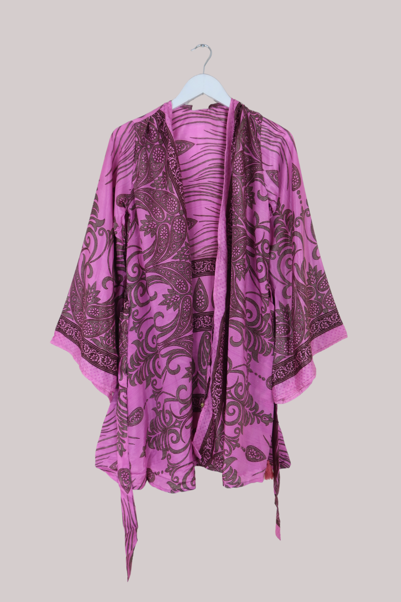 Karina Vintage Sari Jacket - Pink Paisley Crests - Size S