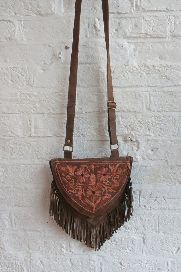 Zelda Embroidered Suede Saddle Bag in Khaki & Copper Florals
