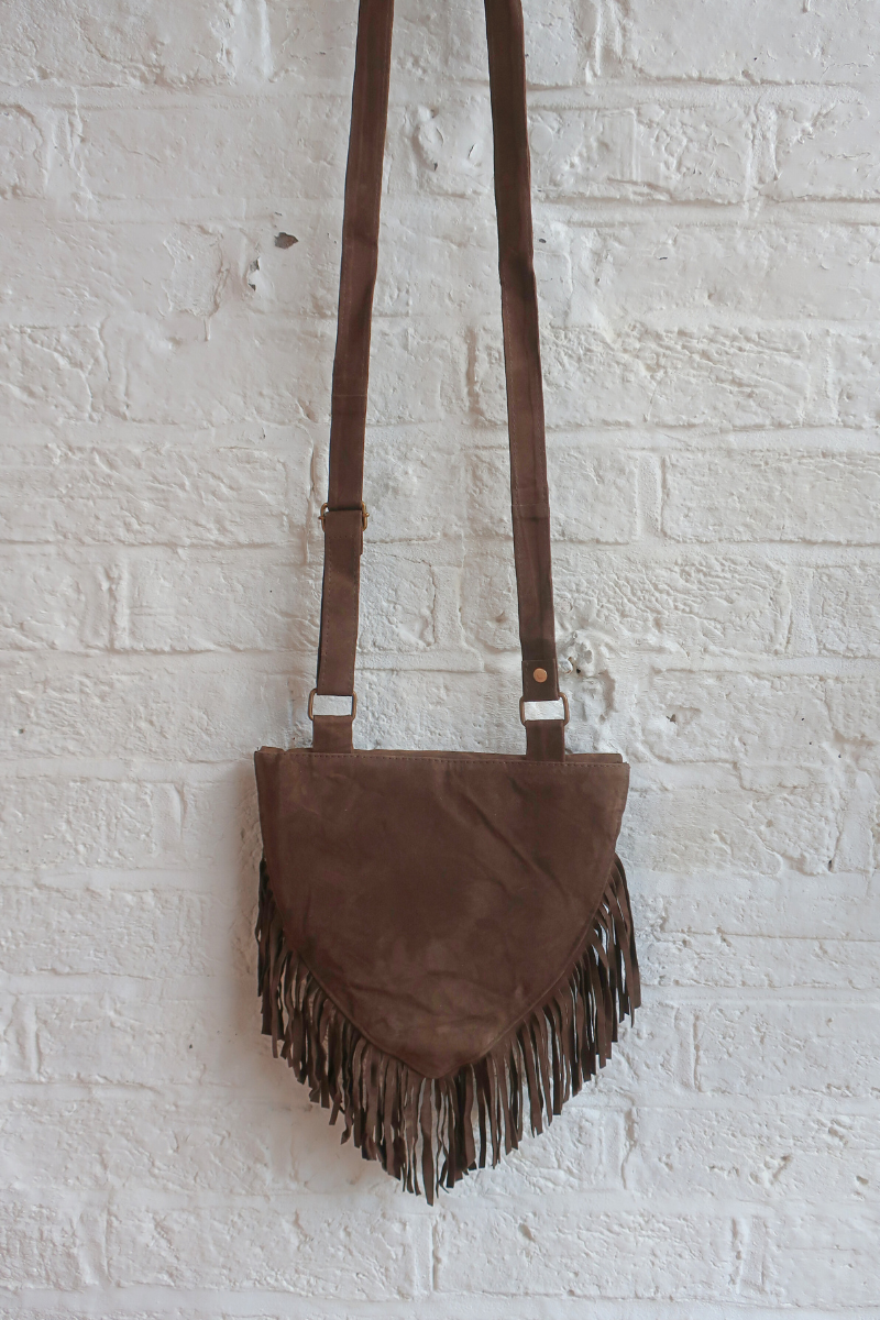 Zelda Embroidered Suede Saddle Bag in Khaki & Copper Florals