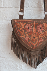 Zelda Embroidered Suede Saddle Bag in Khaki & Copper Florals