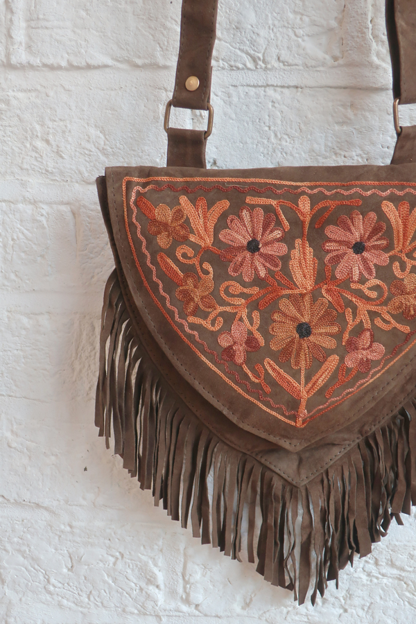 Zelda Embroidered Suede Saddle Bag in Khaki & Copper Florals