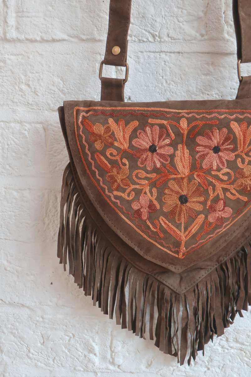 Zelda Embroidered Suede Saddle Bag in Khaki & Copper Florals
