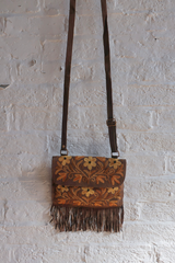 Zelda Embroidered Suede Saddle Bag in Khaki & Honey Flowers