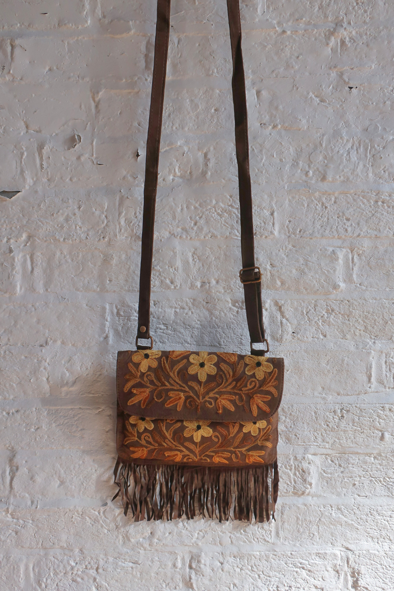 Zelda Embroidered Suede Saddle Bag in Khaki & Honey Flowers