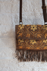 Zelda Embroidered Suede Saddle Bag in Khaki & Honey Flowers