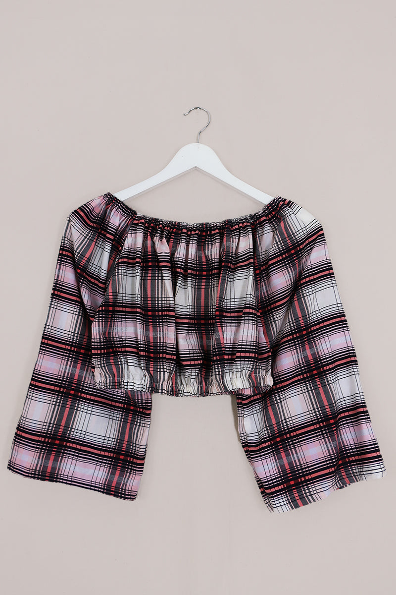 Kitty Reclaimed Crop Top in Shades of Pink & Black Tartan - Free Size L