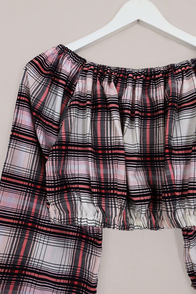 Kitty Reclaimed Crop Top in Shades of Pink & Black Tartan - Free Size L