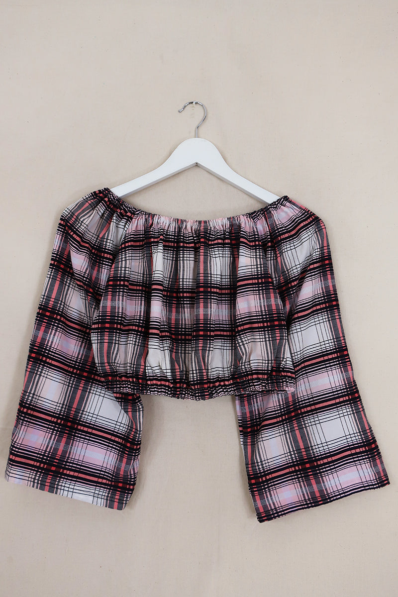 Kitty Reclaimed Crop Top in Shades of Pink & Black Tartan - Free Size L