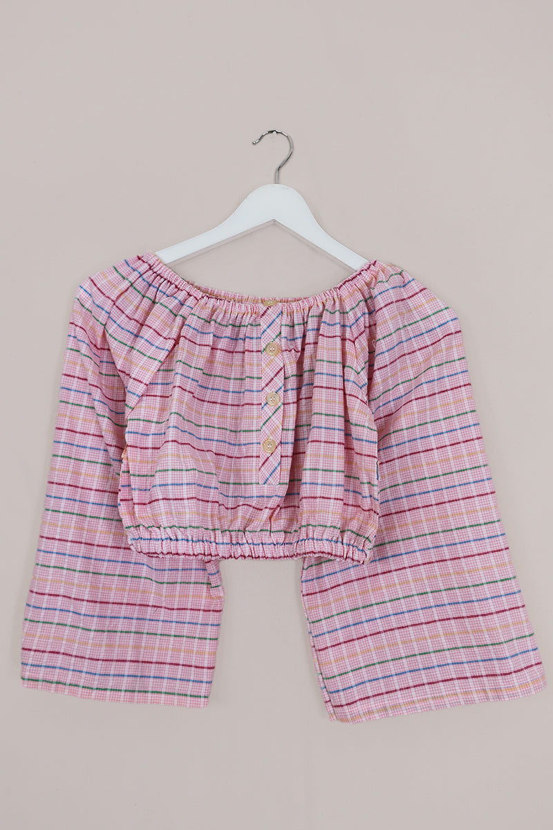 Kitty Reclaimed Crop Top in Petal Pink Stripy Gingham - Free Size S