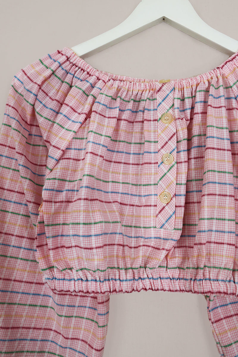 Kitty Reclaimed Crop Top in Petal Pink Stripy Gingham - Free Size S