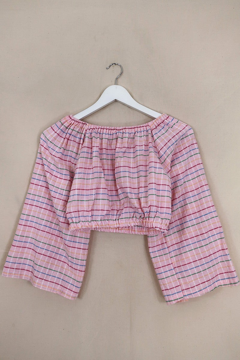 Kitty Reclaimed Crop Top in Petal Pink Stripy Gingham - Free Size S