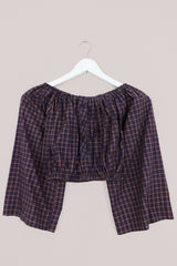 Kitty Reclaimed Crop Top in Royal Blue & Gold Plaid - Free Size S