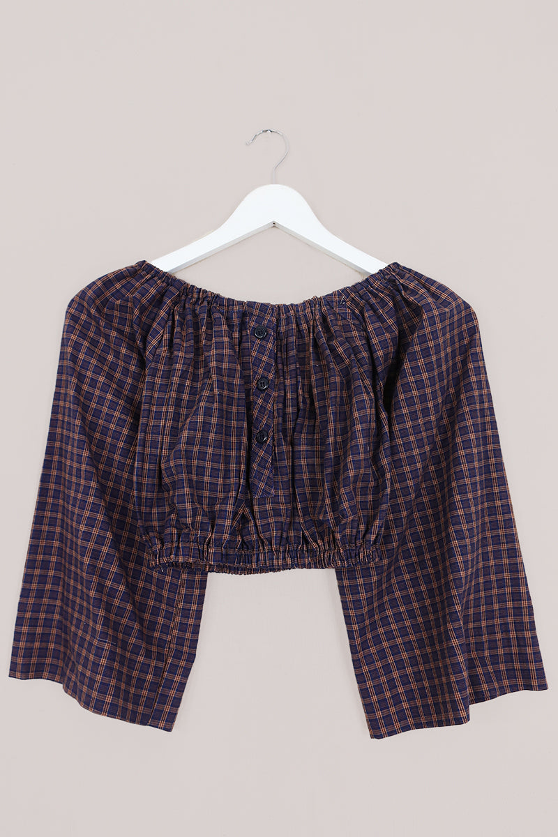 Kitty Reclaimed Crop Top in Royal Blue & Gold Plaid - Free Size S