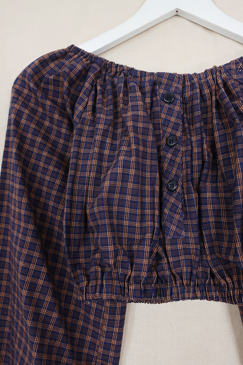 Kitty Reclaimed Crop Top in Royal Blue & Gold Plaid - Free Size S