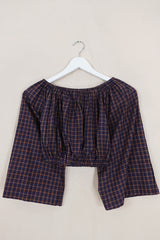 Kitty Reclaimed Crop Top in Royal Blue & Gold Plaid - Free Size S