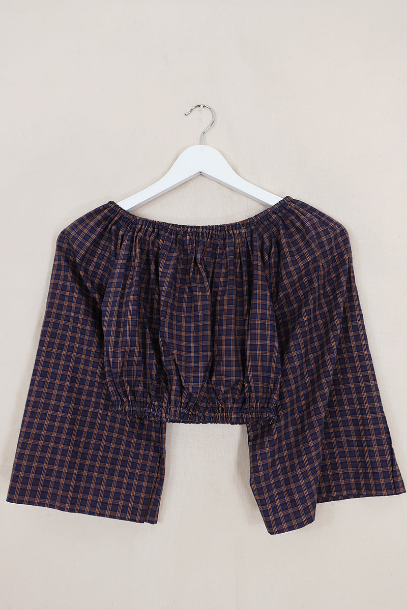 Kitty Reclaimed Crop Top in Royal Blue & Gold Plaid - Free Size S