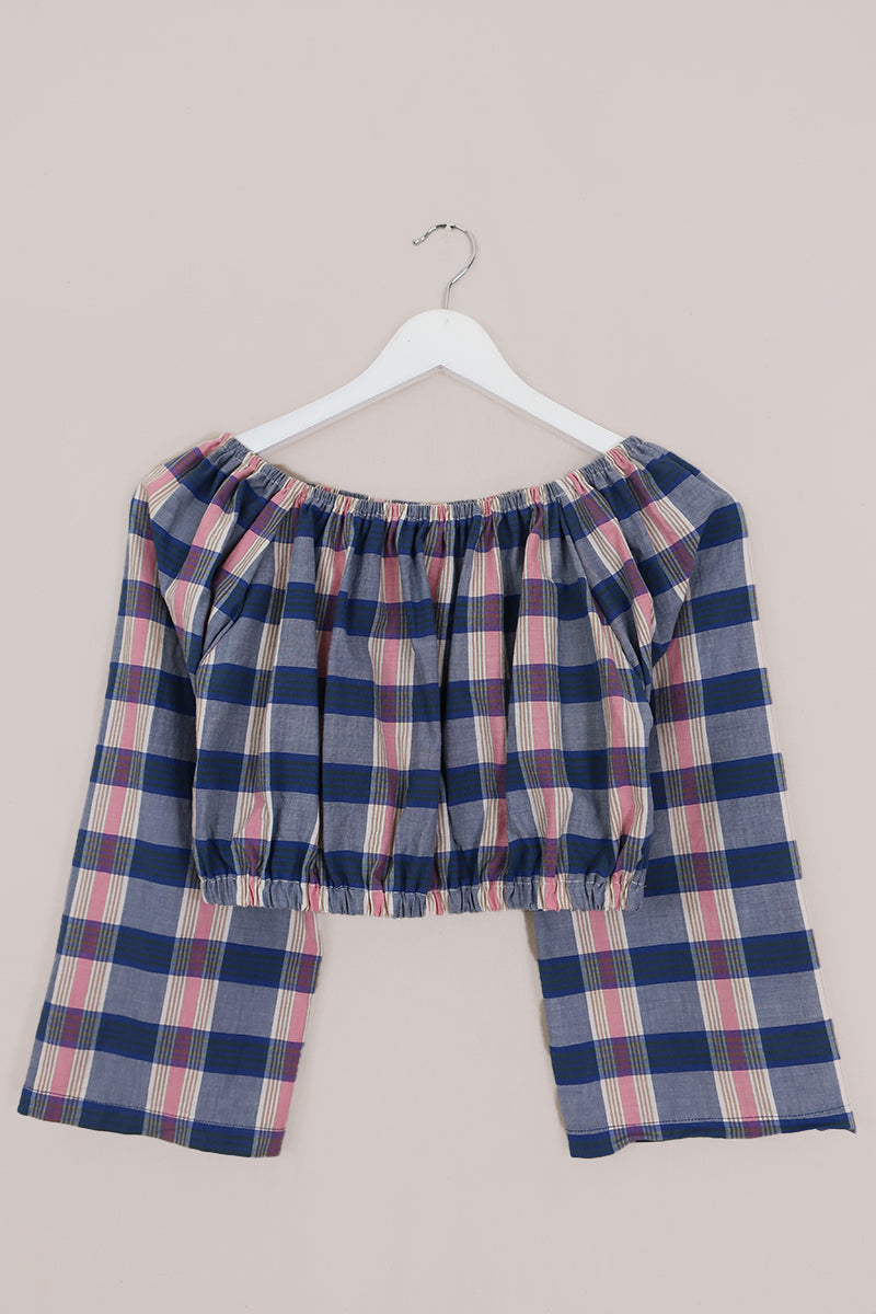 Kitty Reclaimed Crop Top in Baby Pink & Blue Check - Free Size L