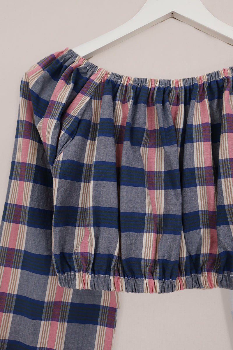 Kitty Reclaimed Crop Top in Baby Pink & Blue Check - Free Size L