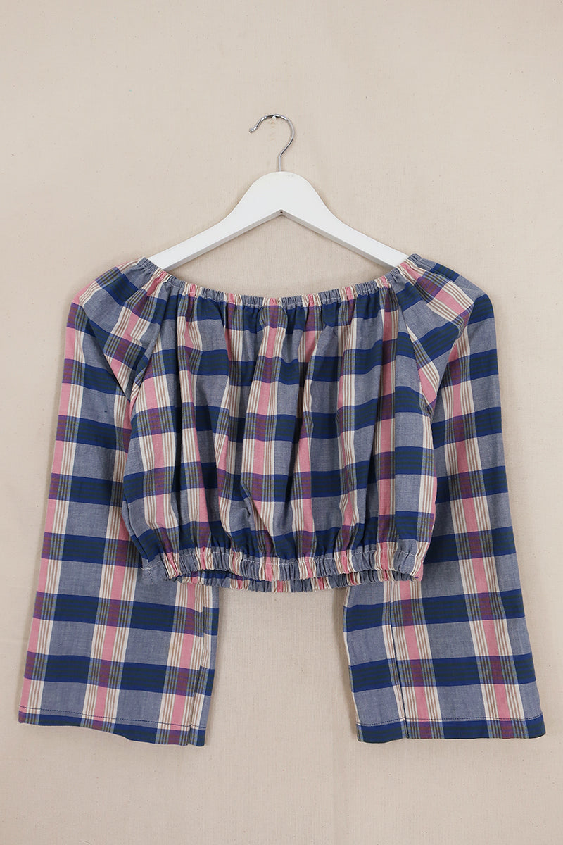 Kitty Reclaimed Crop Top in Baby Pink & Blue Check - Free Size L