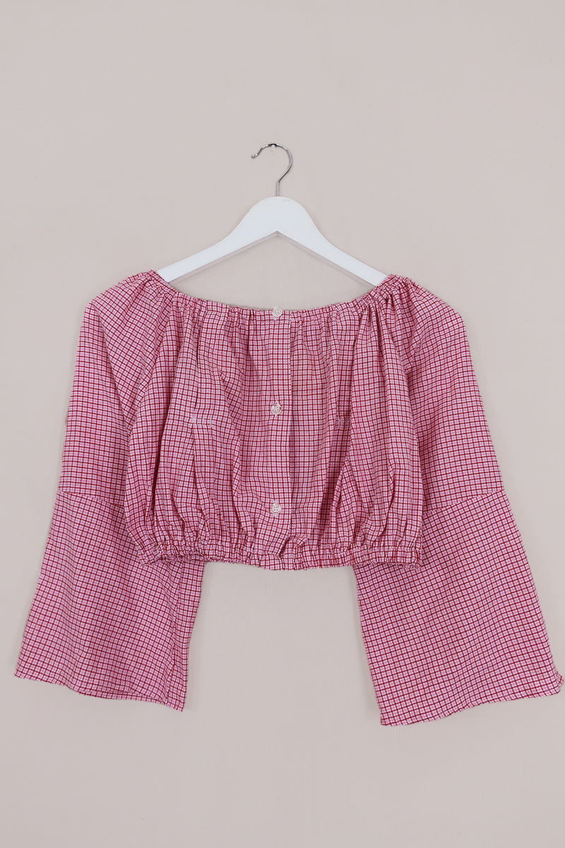 Kitty Reclaimed Crop Top in Berry Pink Miniature Gingham - Free Size L
