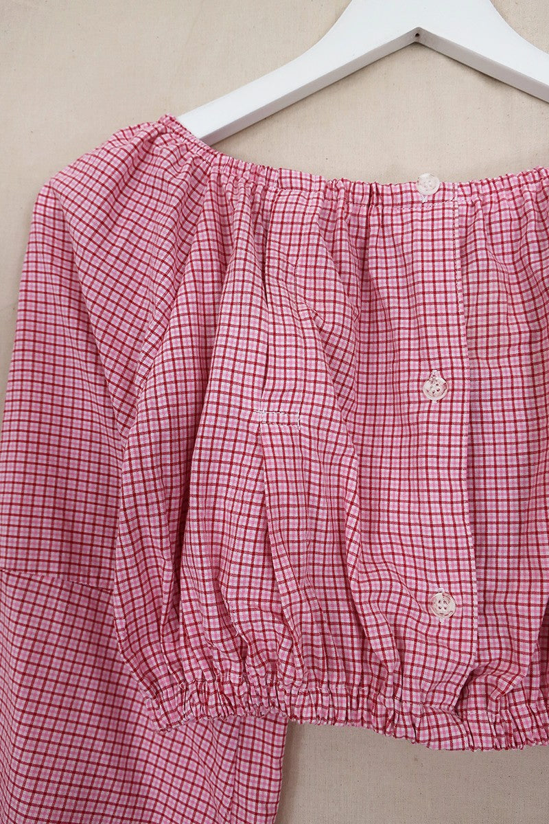 Kitty Reclaimed Crop Top in Berry Pink Miniature Gingham - Free Size L