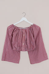Kitty Reclaimed Crop Top in Red & Pinstripe Blue Check - Free Size S