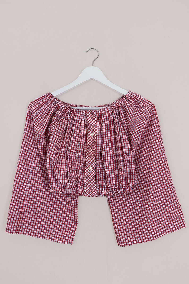 Kitty Reclaimed Crop Top in Red & Pinstripe Blue Check - Free Size S