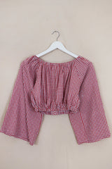 Kitty Reclaimed Crop Top in Red & Pinstripe Blue Check - Free Size S