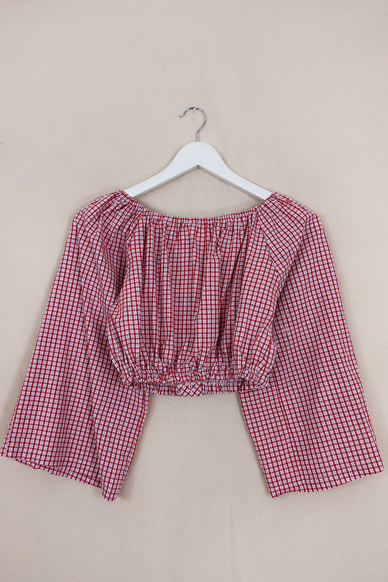 Kitty Reclaimed Crop Top in Red & Pinstripe Blue Check - Free Size S