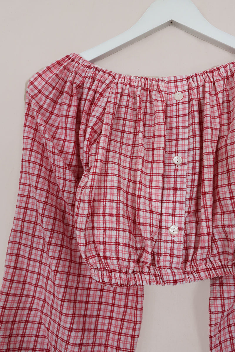 Kitty Reclaimed Crop Top in Sweet Pink & Red Gingham - Free Size S