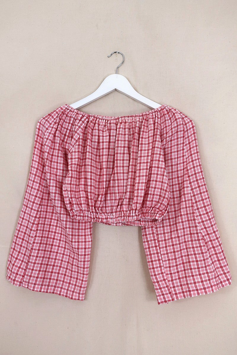 Kitty Reclaimed Crop Top in Berry Pink Miniature Gingham - Free Size L