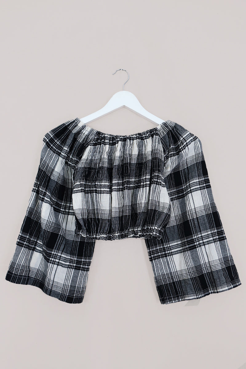 Kitty Reclaimed Crop Top in Midnight Blue, White & Grey Check - Free Size S