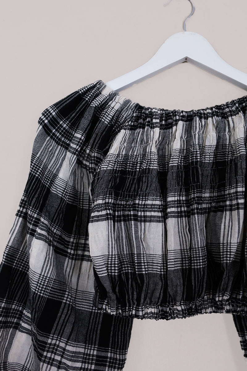 Kitty Reclaimed Crop Top in Midnight Blue, White & Grey Check - Free Size S