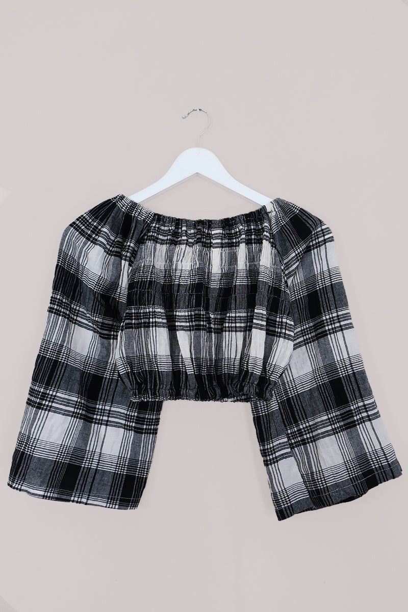 Kitty Reclaimed Crop Top in Midnight Blue, White & Grey Check - Free Size S