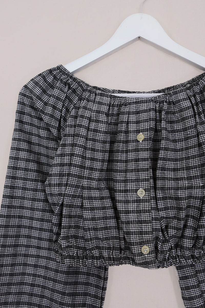 Kitty Reclaimed Crop Top in Blue & White Gingham - Free Size S