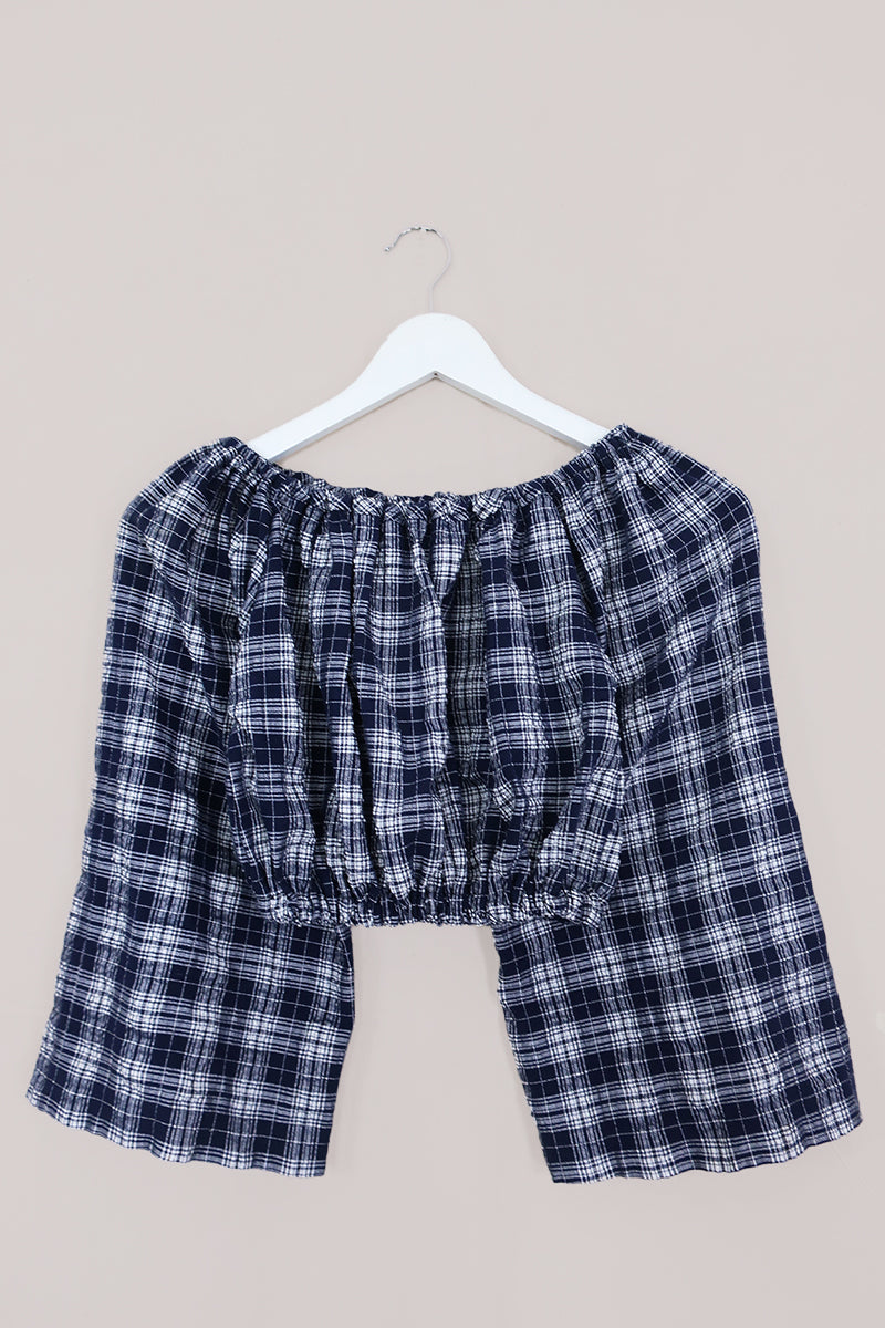 Kitty Reclaimed Crop Top in Ink Blue & White Woven Tartan - Free Size S