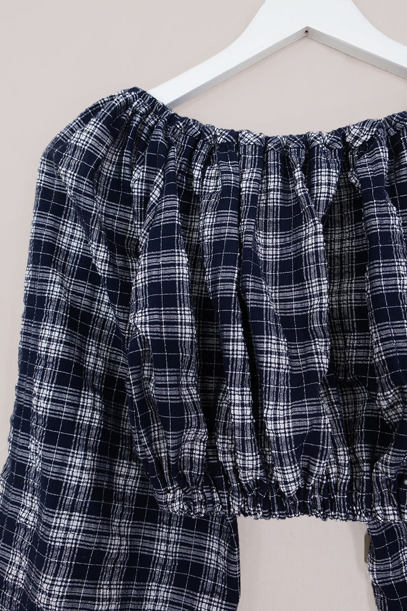 Kitty Reclaimed Crop Top in Ink Blue & White Woven Tartan - Free Size S