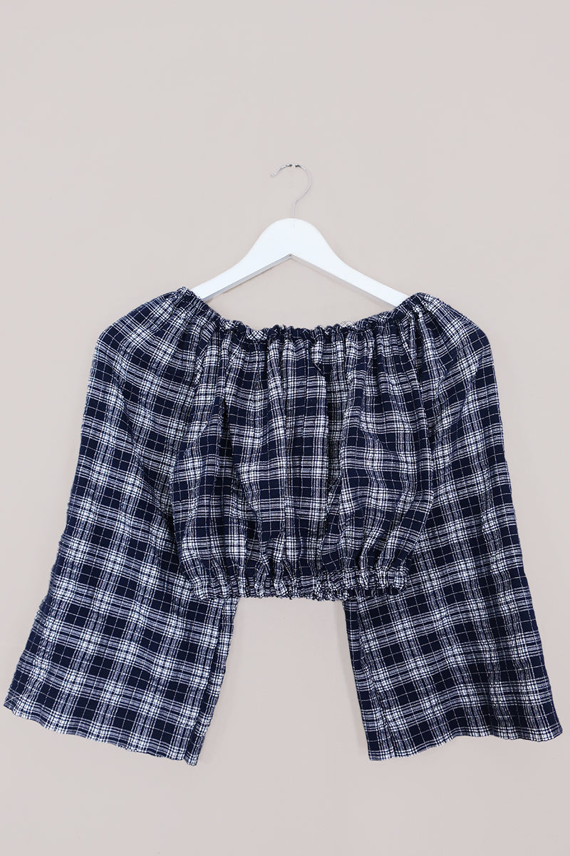 Kitty Reclaimed Crop Top in Ink Blue & White Woven Tartan - Free Size S
