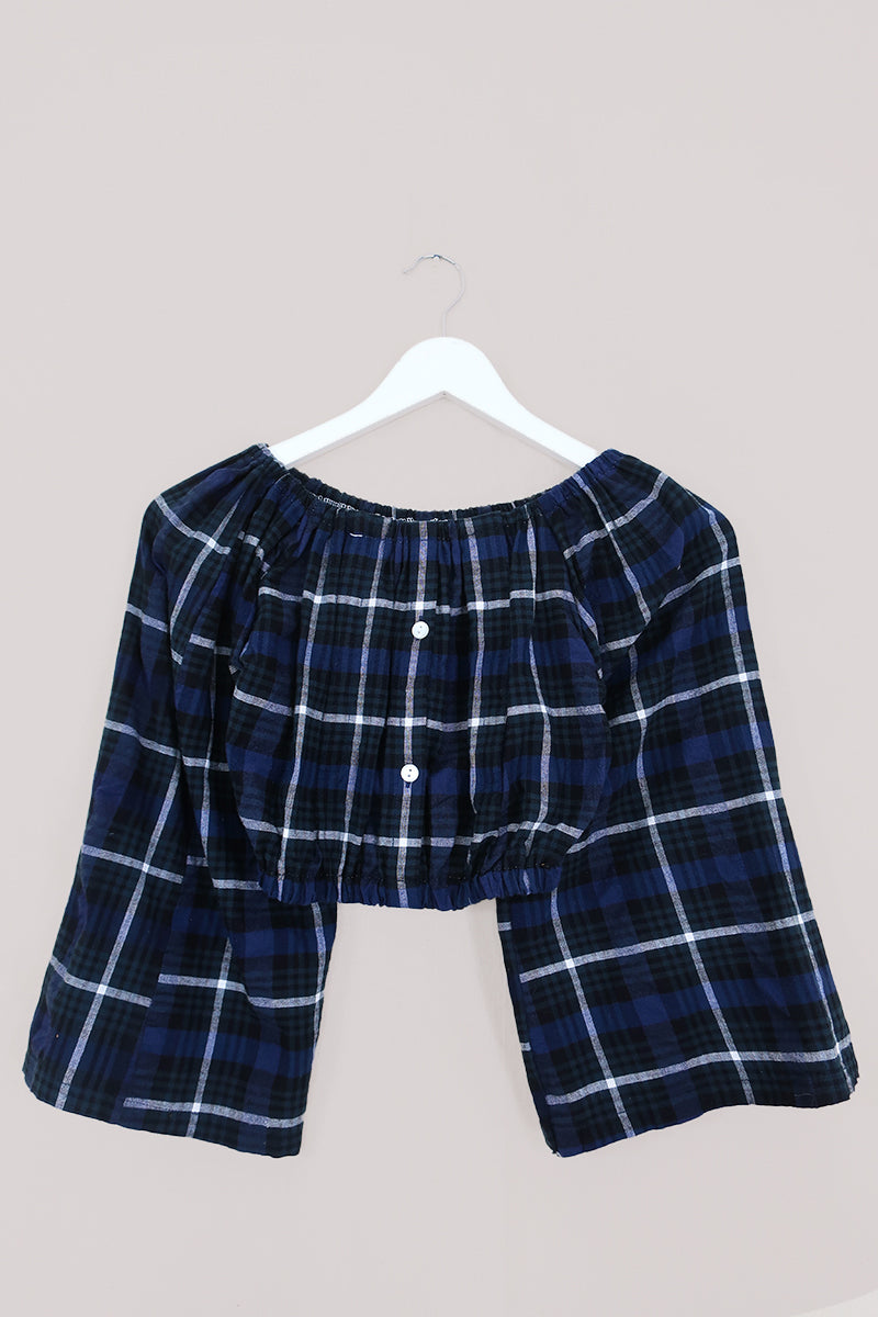 Kitty Reclaimed Crop Top in Forest Green & Navy Tartan - Free Size S