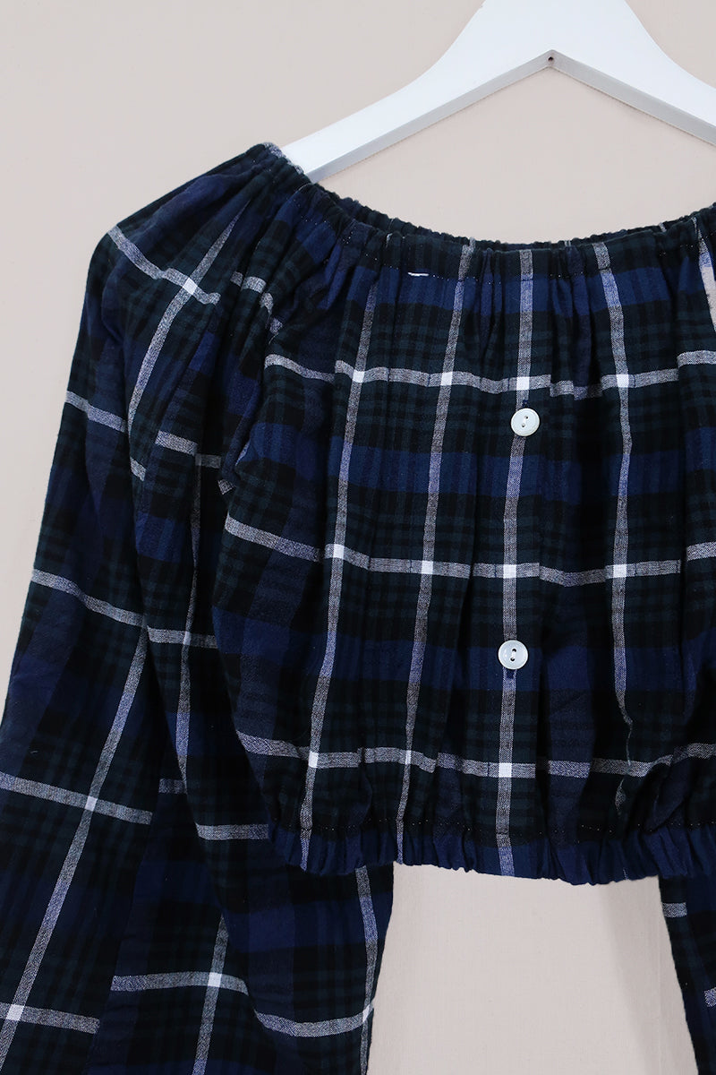 Kitty Reclaimed Crop Top in Forest Green & Navy Tartan - Free Size S