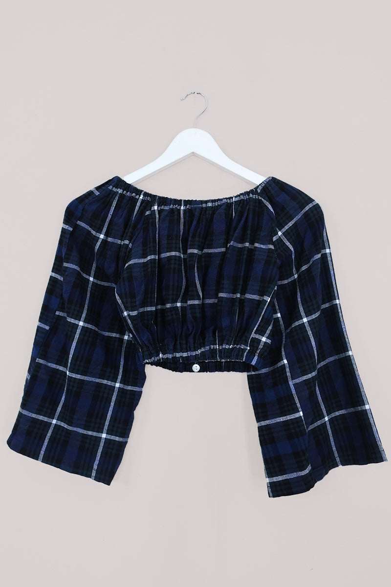 Kitty Reclaimed Crop Top in Forest Green & Navy Tartan - Free Size S