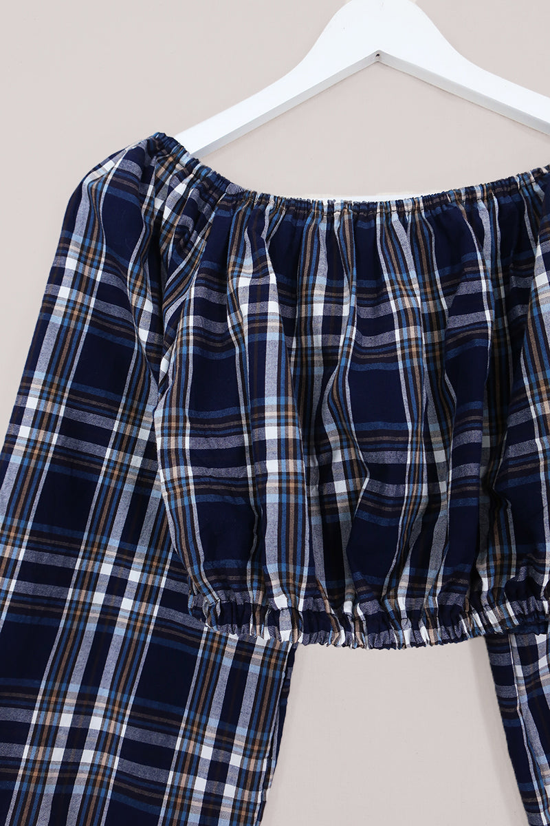 Kitty Reclaimed Crop Top in Traditional Navy Tartan - Free Size S