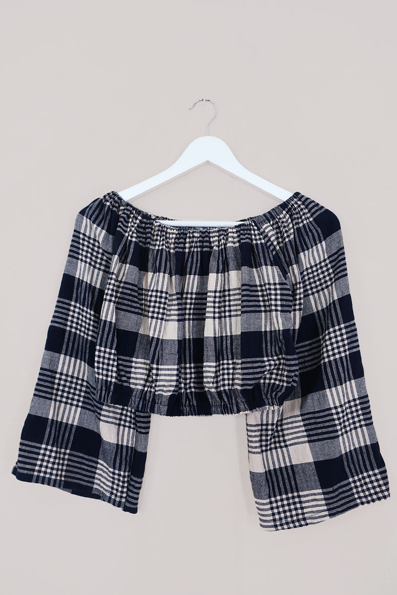 Kitty Reclaimed Crop Top in Blue & Off-White Plaid - Free Size L