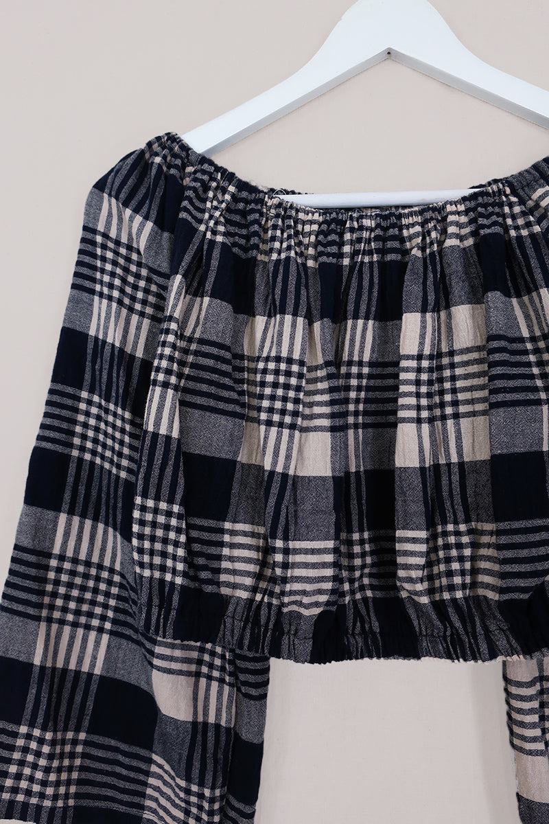 Kitty Reclaimed Crop Top in Blue & Off-White Plaid - Free Size L